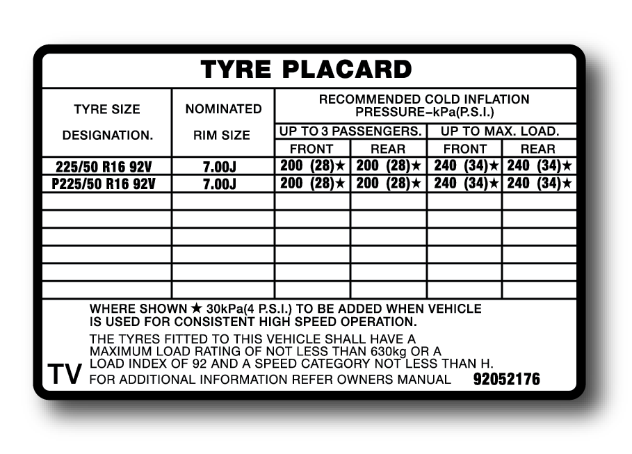 tyre placard HDT Special Vehicles HDT Special Vehicles